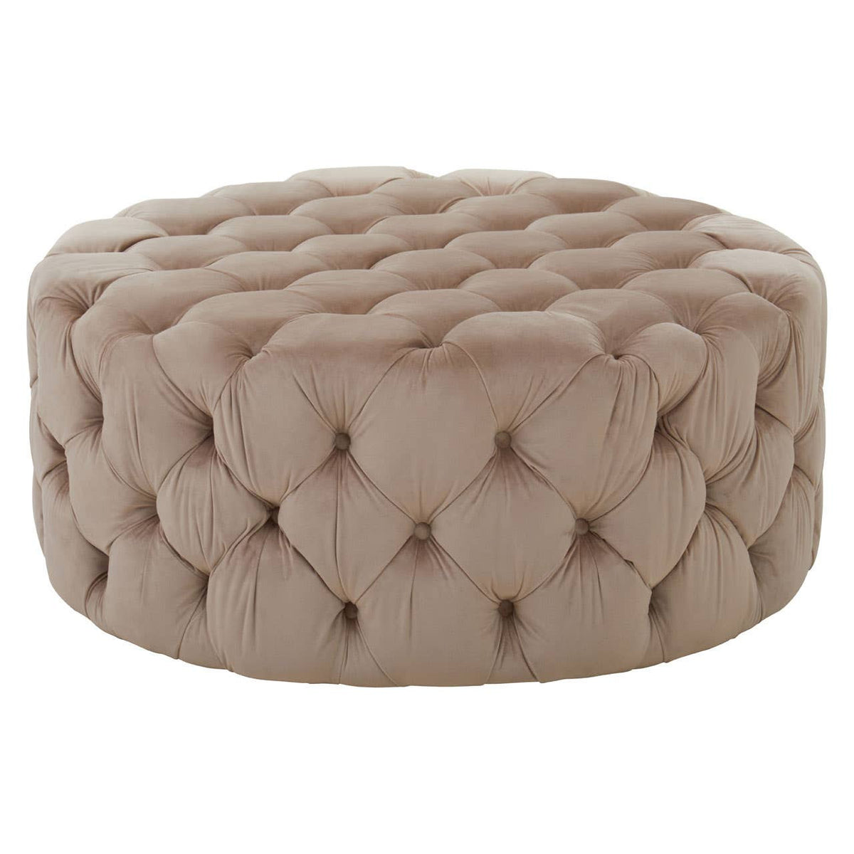 Beige velvet round ottoman stool with tufted detailing, featuring a soft, plush surface and a circular shape, suitable for use as a footrest or additional seating