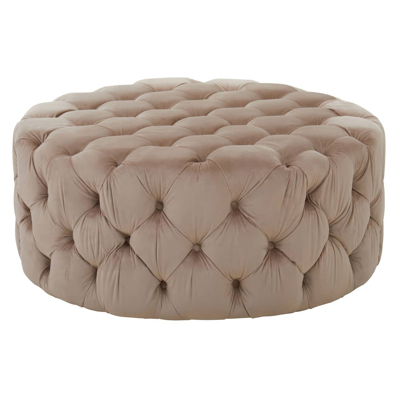 Beige velvet round ottoman stool with tufted detailing, featuring a soft, plush surface and a circular shape, suitable for use as a footrest or additional seating