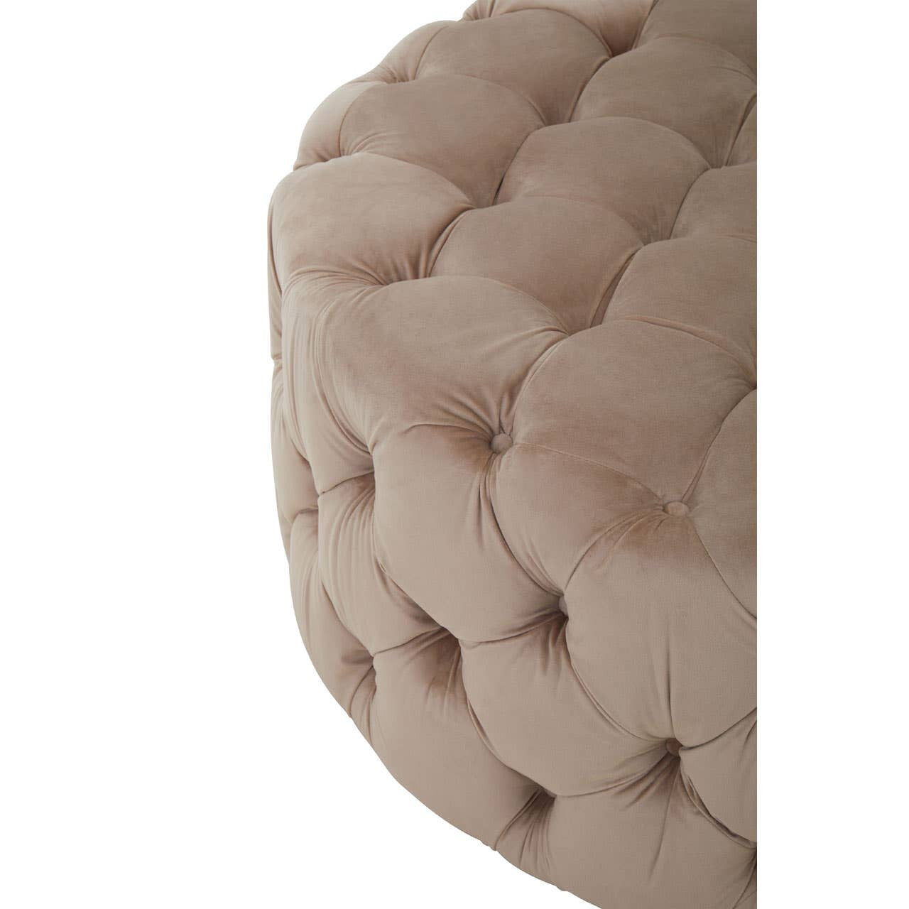 Beige velvet round ottoman stool with a tufted design, showcasing a soft, plush texture and rounded edges. The stool is partially visible, highlighting its elegant and modern aesthetic