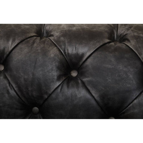 Close-up view of the tufted black leather upholstery of the Hoxton Antique Black 3 Seat Chesterfield Sofa, showcasing the intricate button detailing and rich texture of the material