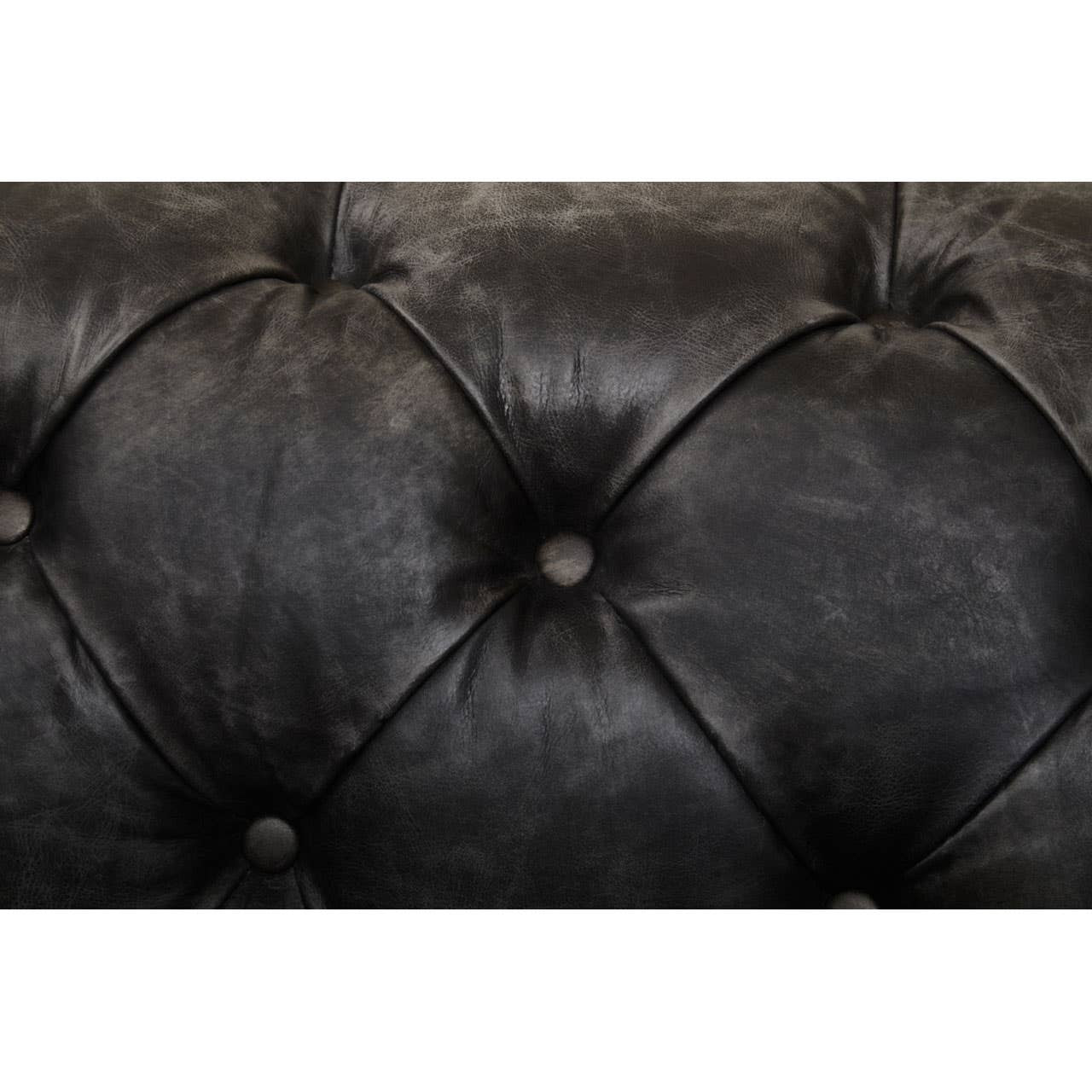 Close-up view of the tufted black leather upholstery of the Hoxton Antique Black 3 Seat Chesterfield Sofa, showcasing the intricate button detailing and rich texture of the material