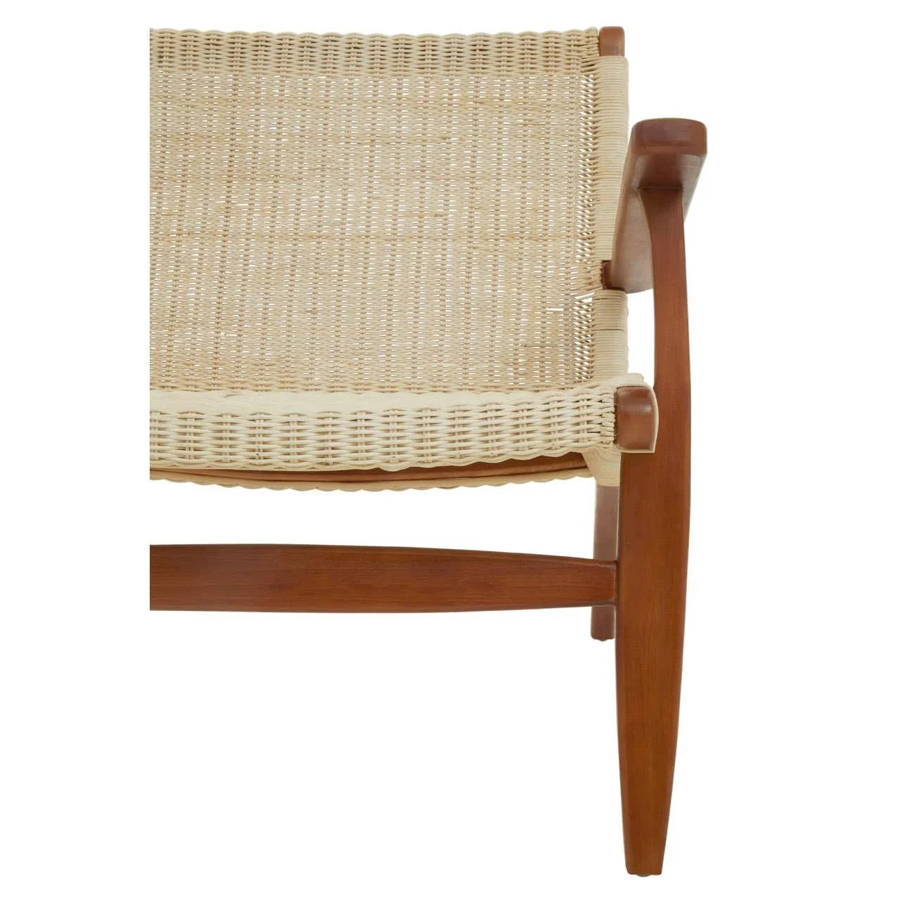 Closeup of woven rattan chair seat with wooden frame and armrest, side view