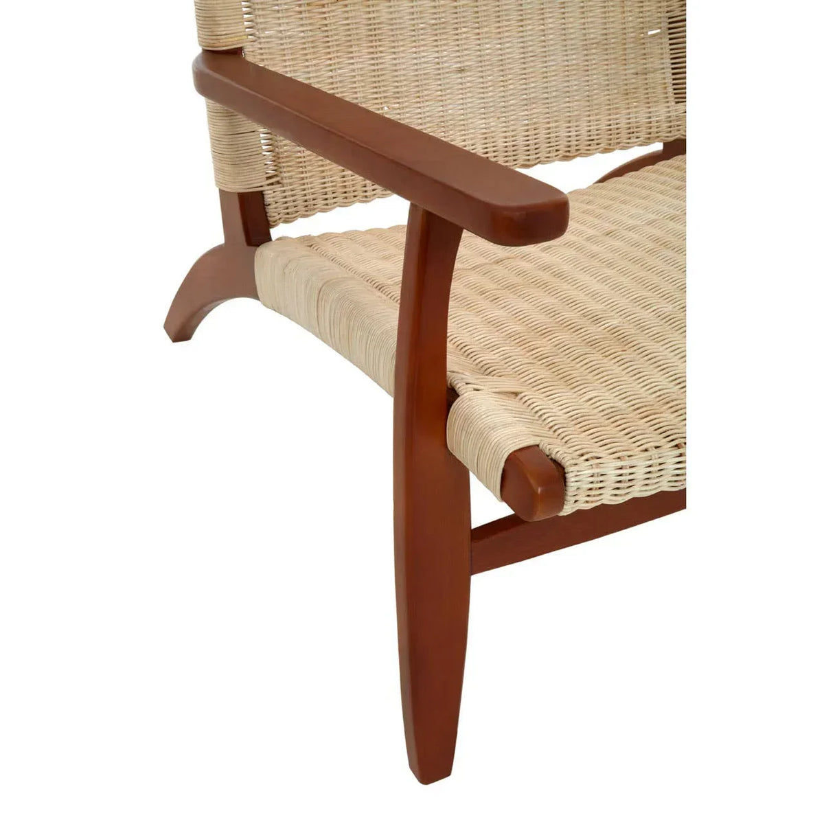 Rattan lounge chair with wooden armrest and natural woven seat close-up