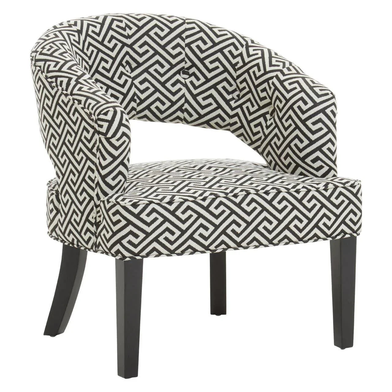 Black and white patterned accent chair with curved back and dark wooden legs
