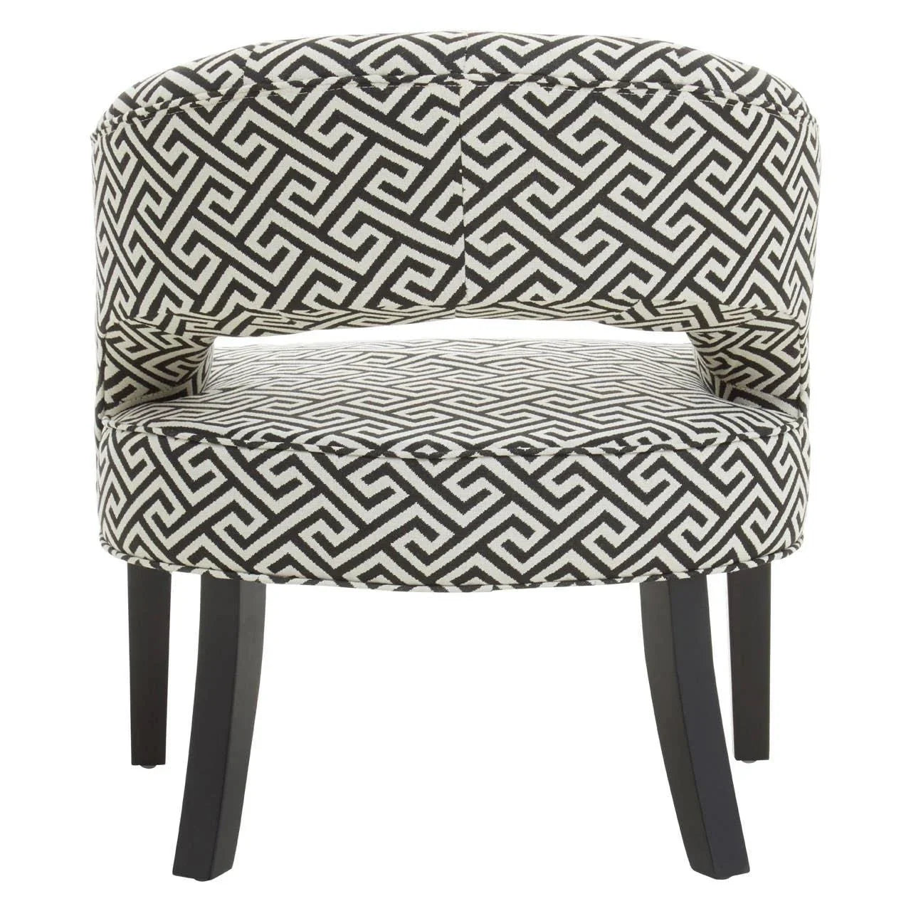Accent chair with black and white geometric fabric and black wooden legs, back view