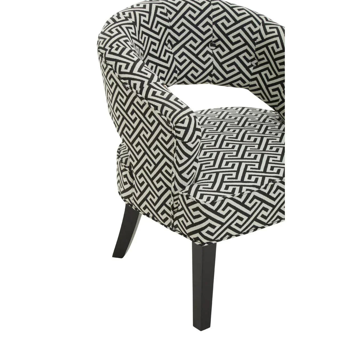 Black and white patterned accent chair with curved back and dark wooden legs