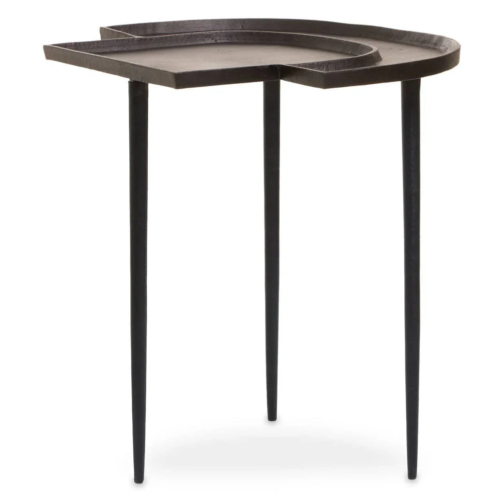 Black metal side table with unique asymmetrical top and three slender legs