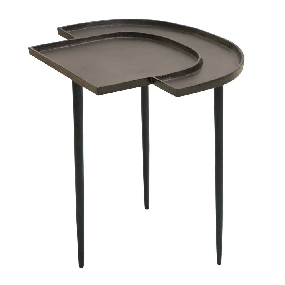 Black metal side table with unique semi-circular tiered top and three slim legs