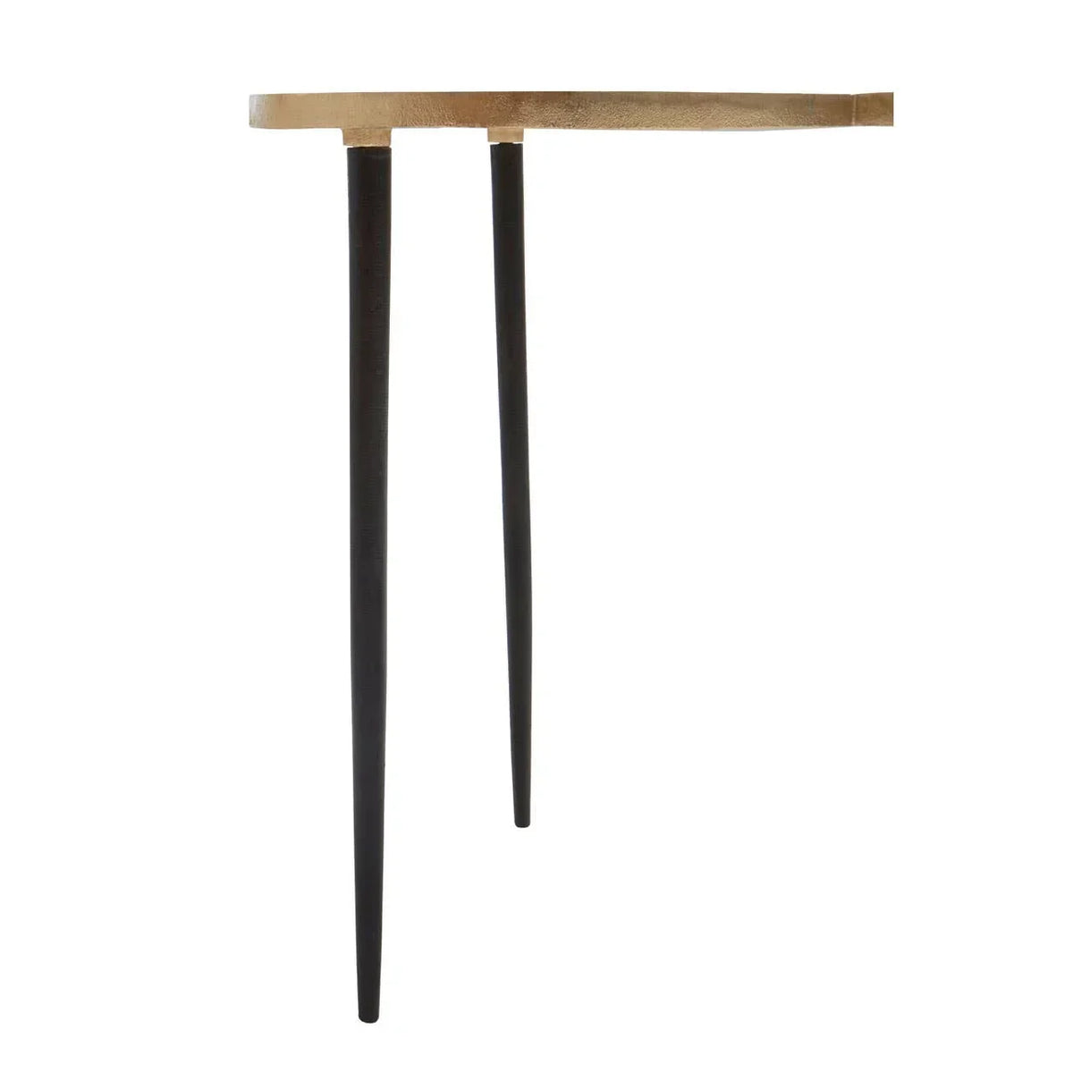Half moon console table with gold top and black tapered legs, side view