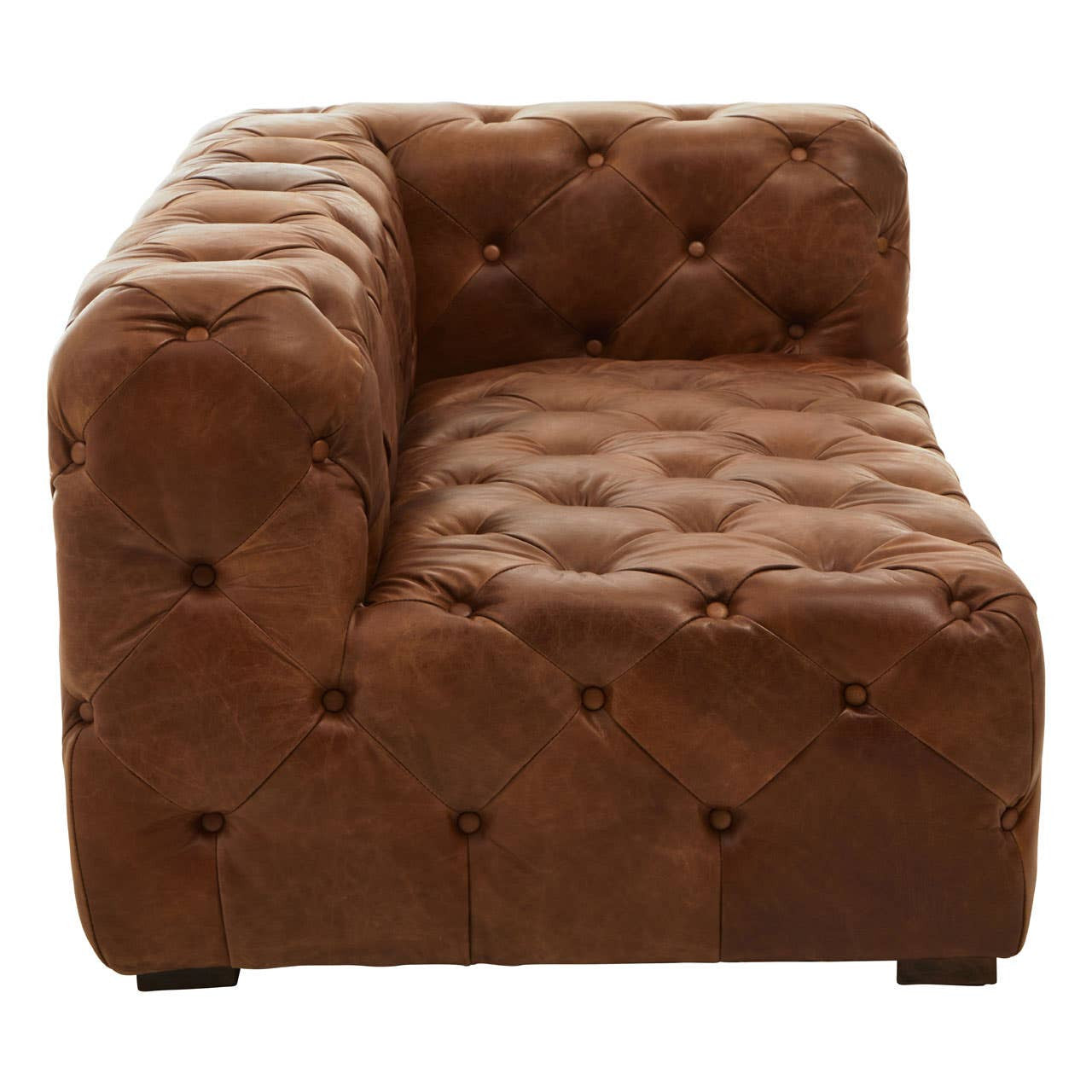 Brown leather right arm modular sofa featuring a modern Chesterfield design with tufted upholstery and a low backrest. The sofa has a sleek, contemporary silhouette and a plush seating area, ideal for stylish living spaces