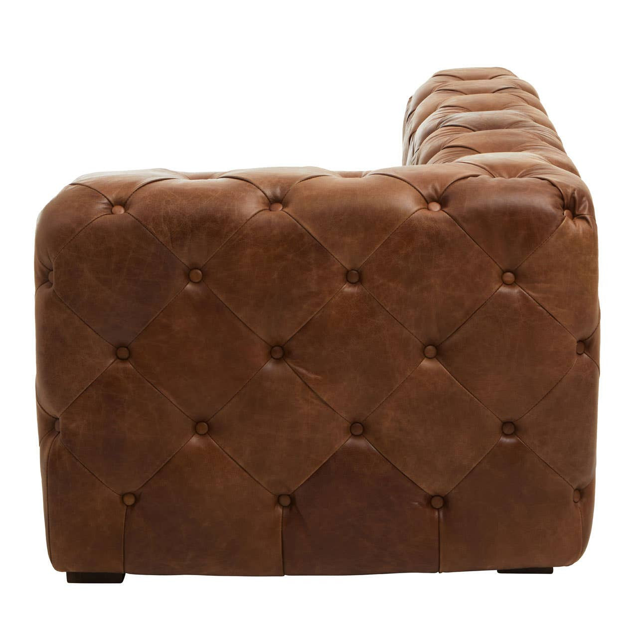Brown leather right arm of a modern Chesterfield modular sofa, featuring a tufted design and a sleek, contemporary silhouette. The back and side are visible, showcasing the rich texture of the leather and the clean lines of the construction