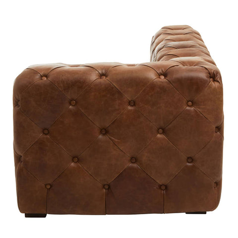 Brown leather right arm of a modern Chesterfield modular sofa, featuring a tufted design and a sleek, contemporary silhouette. The back and side are visible, showcasing the rich texture of the leather and the clean lines of the construction