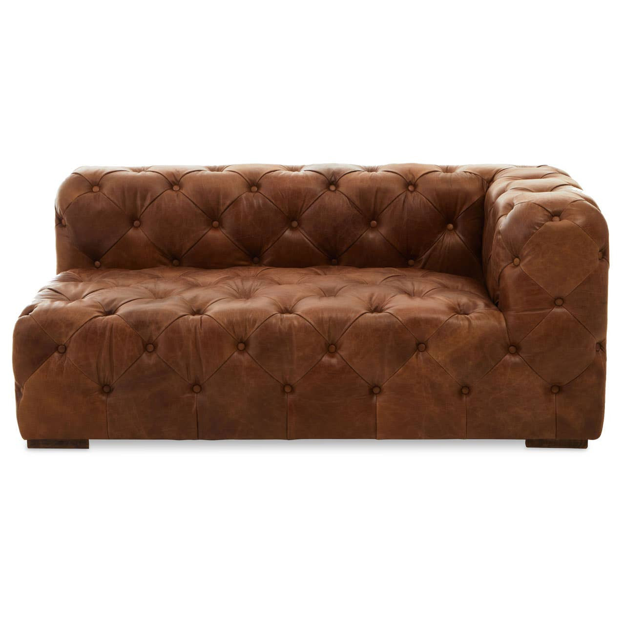 Brown leather right arm modular sofa featuring a modern Chesterfield design with tufted upholstery and a sleek silhouette. The sofa has a low back and a wide seat, providing a contemporary look suitable for various living spaces