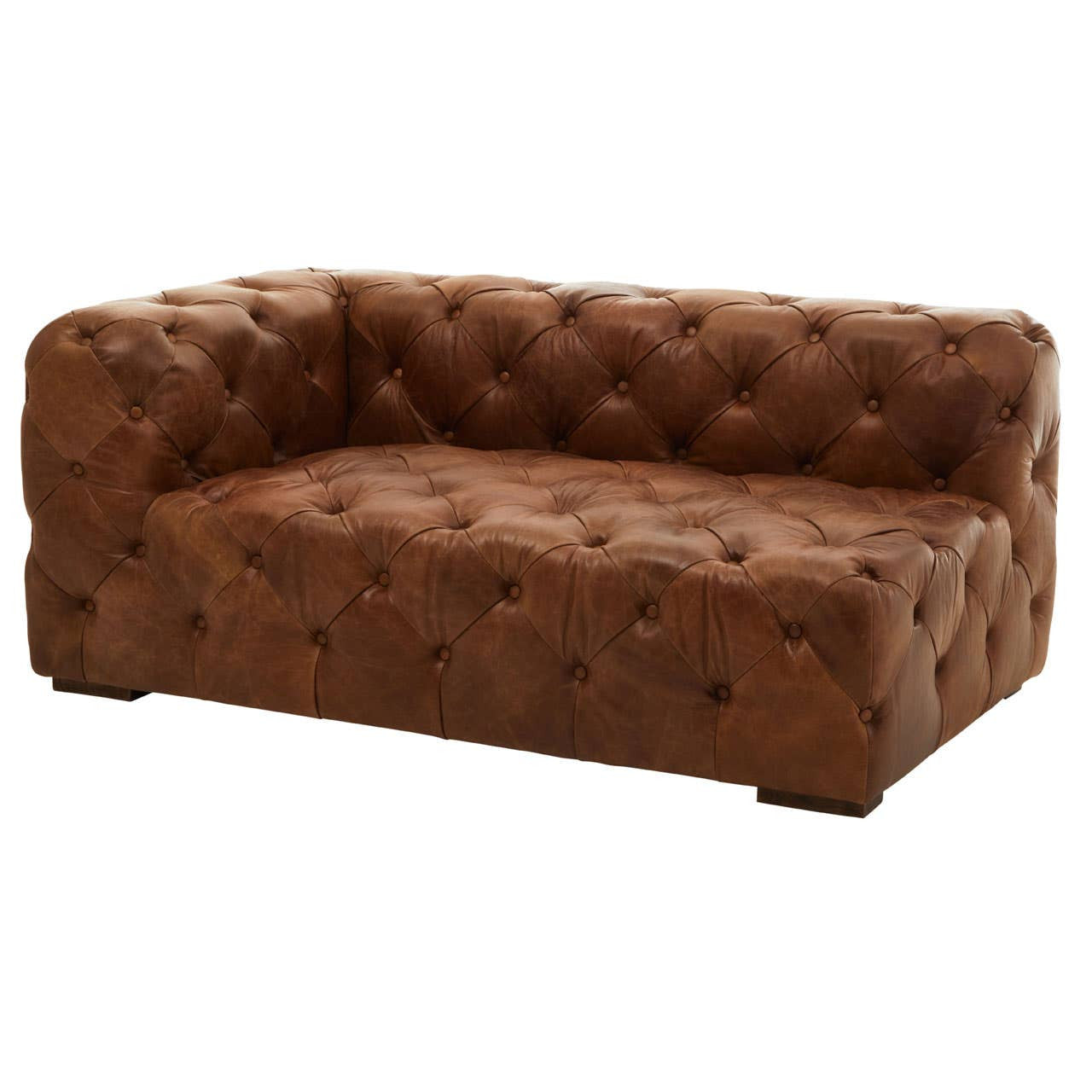 Brown leather left arm modern Chesterfield sofa featuring a tufted design, square shape, and low-profile arms, set against a neutral background