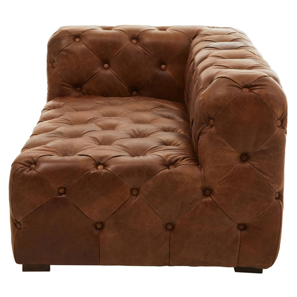 Brown leather left arm modern Chesterfield sofa featuring a tufted design, a low backrest, and a wide seat, with a sleek, contemporary silhouette and wooden legs
