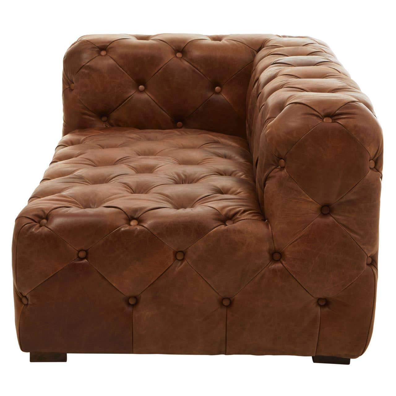 Brown leather left arm modern Chesterfield sofa featuring a tufted design, a low backrest, and a wide seat, with a sleek, contemporary silhouette and wooden legs