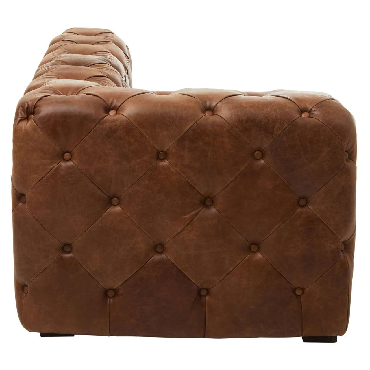 Brown leather left arm modern Chesterfield sofa featuring a tufted backrest and a sleek, contemporary design. The sofa has a low profile and a sturdy structure, with visible stitching details that enhance its elegant appearance