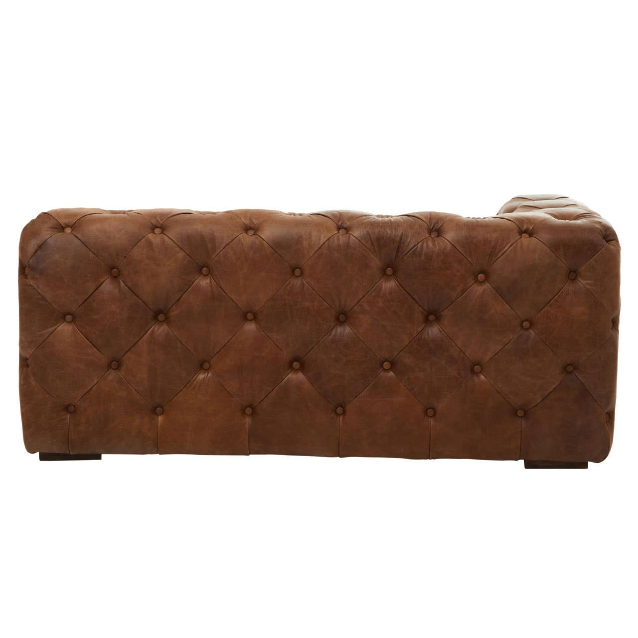 Brown leather left arm modern Chesterfield sofa featuring a tufted design and a sleek silhouette, with a low back and sturdy wooden legs. The rich brown color adds warmth and sophistication to any living space