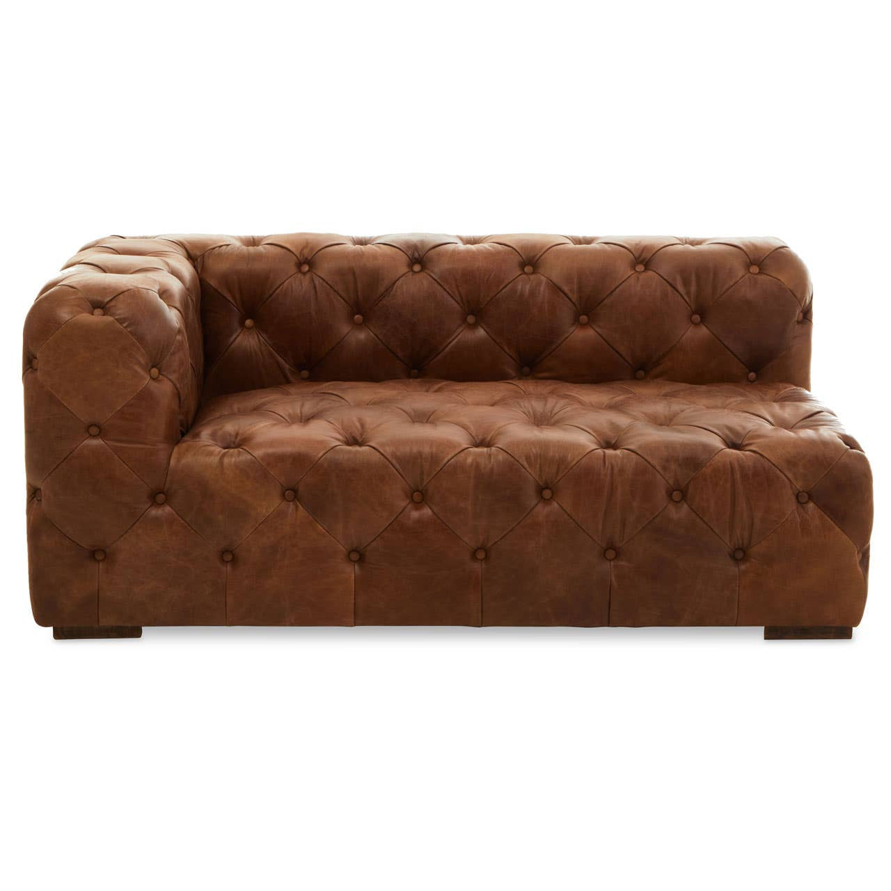 Brown leather left arm modern Chesterfield sofa featuring a tufted design, a low backrest, and a sleek, contemporary silhouette. The sofa has a sturdy wooden base and a plush seating area, ideal for stylish and comfortable living spaces