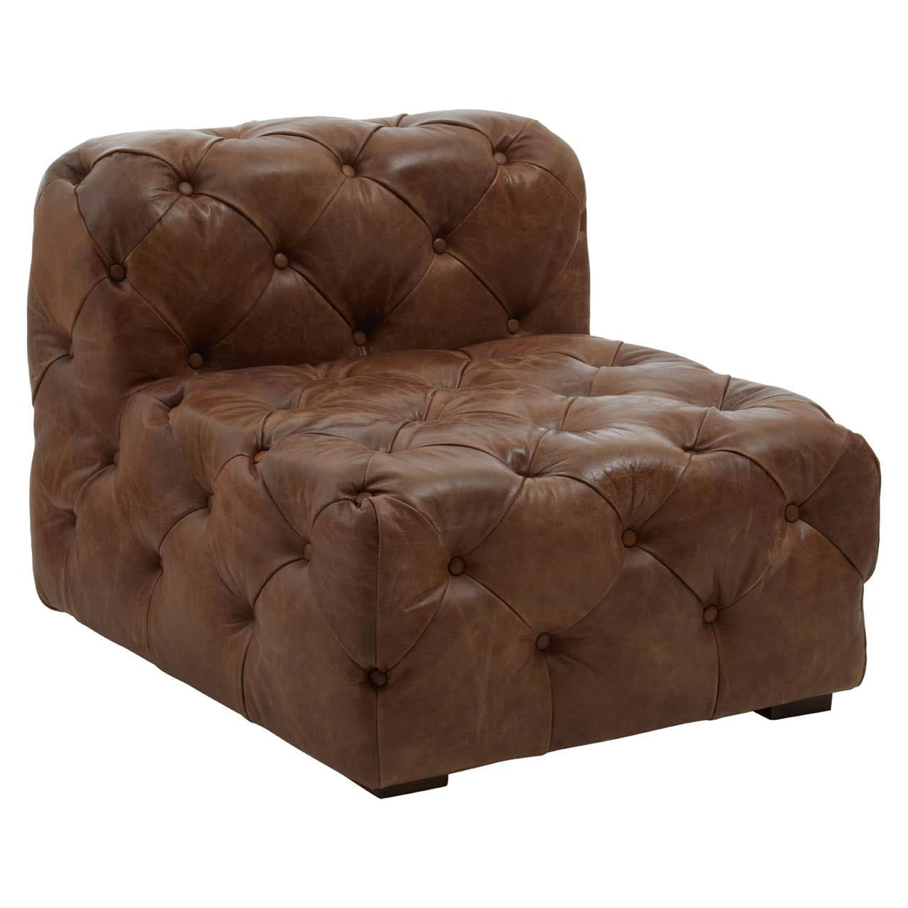 Brown leather modular sofa chair featuring a modern Chesterfield design with tufted upholstery and a low backrest, resting on sturdy legs