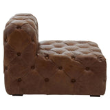 Brown leather modular sofa chair with a modern Chesterfield design, featuring a tufted surface and a low backrest. The chair has a sturdy base and is positioned at an angle, showcasing its sleek lines and plush upholstery