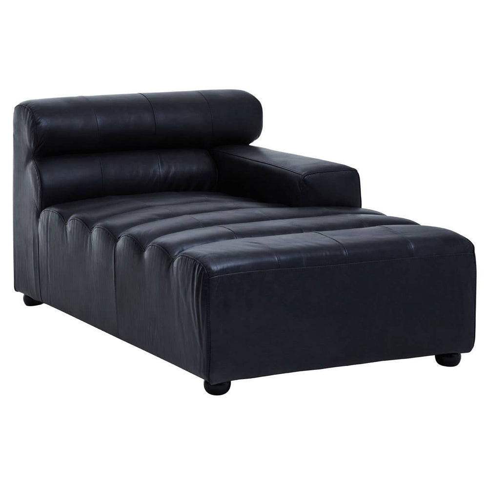 A right arm modular chaise sofa in antique black leather, featuring a low backrest with three horizontal cushions and a sleek, modern design. The sofa has a wide seat with horizontal stitching and rounded feet for stability