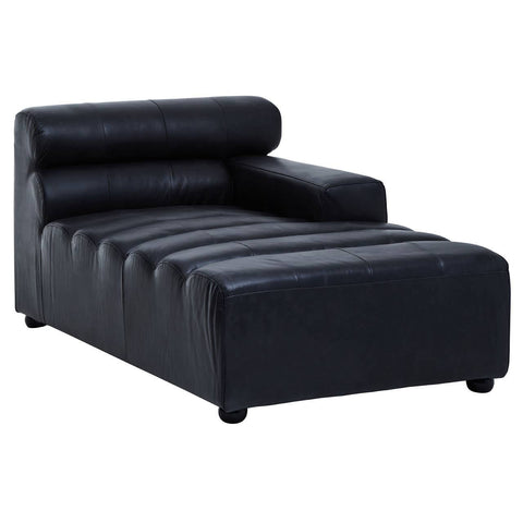 A right arm modular chaise sofa in antique black leather, featuring a low backrest with three horizontal cushions and a sleek, modern design. The sofa has a wide seat with horizontal stitching and rounded feet for stability