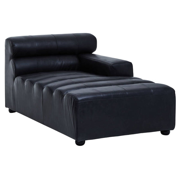 A right arm modular chaise sofa in antique black leather, featuring a low backrest with three horizontal cushions and a sleek, modern design. The sofa has a wide seat with horizontal stitching and rounded feet for stability