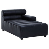 A right arm modular chaise sofa in antique black leather, featuring a low backrest with three horizontal cushions and a sleek, modern design. The sofa has a wide seat with horizontal stitching and rounded feet for stability