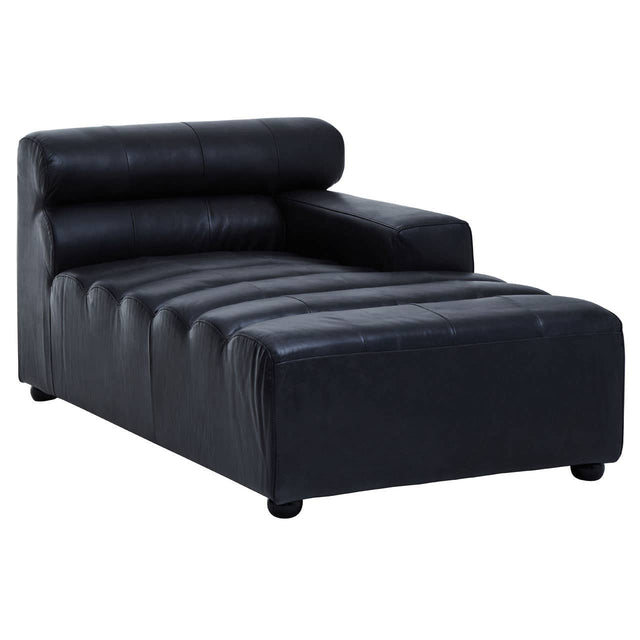 A right arm modular chaise sofa in antique black leather, featuring a low backrest with three horizontal cushions and a sleek, modern design. The sofa has a wide seat with horizontal stitching and rounded feet for stability
