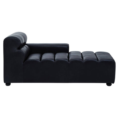 Right arm leather modular chaise sofa in antique black with a sleek design, featuring a tufted seat and a rounded backrest, resting on short legs