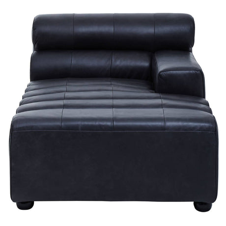 Antique black leather modular chaise sofa with a right arm, featuring a sleek design, two cylindrical back cushions, and horizontal stitching on the seat. The sofa rests on short, rounded legs