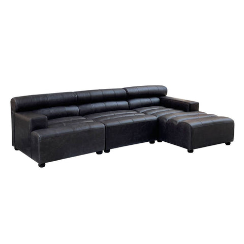 A modular chaise sofa in antique black leather featuring a right arm design, with a sleek, modern silhouette and low-profile backrest. The sofa has a spacious seating area and a chaise extension on the right side, supported by short, sturdy legs