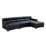 A modular chaise sofa in antique black leather featuring a right arm design, with a sleek, modern silhouette and low-profile backrest. The sofa has a spacious seating area and a chaise extension on the right side, supported by short, sturdy legs