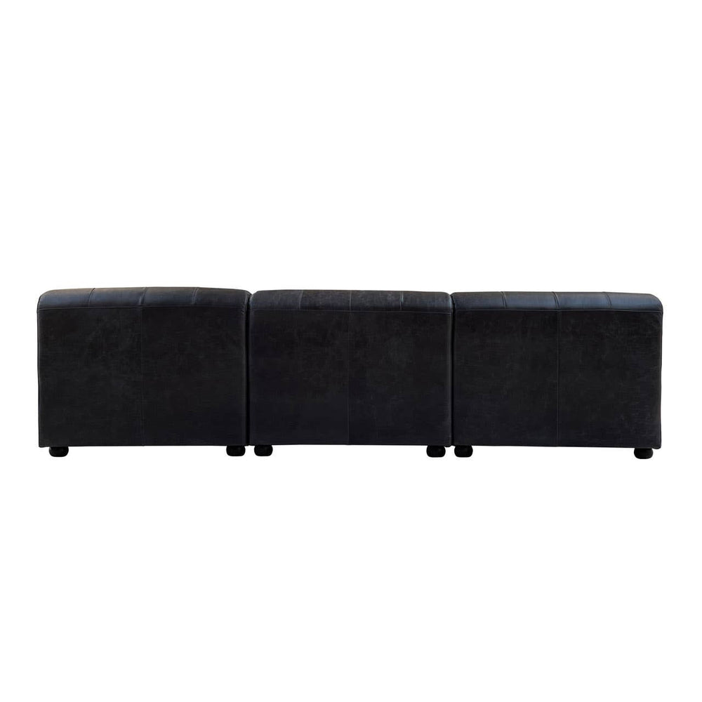 Antique black leather modular chaise sofa with a right arm, featuring a sleek design and three connected sections, resting on small legs
