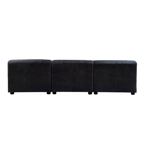 Antique black leather modular chaise sofa with a right arm, featuring a sleek design and three connected sections, resting on small legs