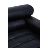Black leather upholstery of a modular chaise sofa with a right armrest, featuring a smooth surface and plush cushioning. The armrest is rounded, and the seat has horizontal stitching for added texture
