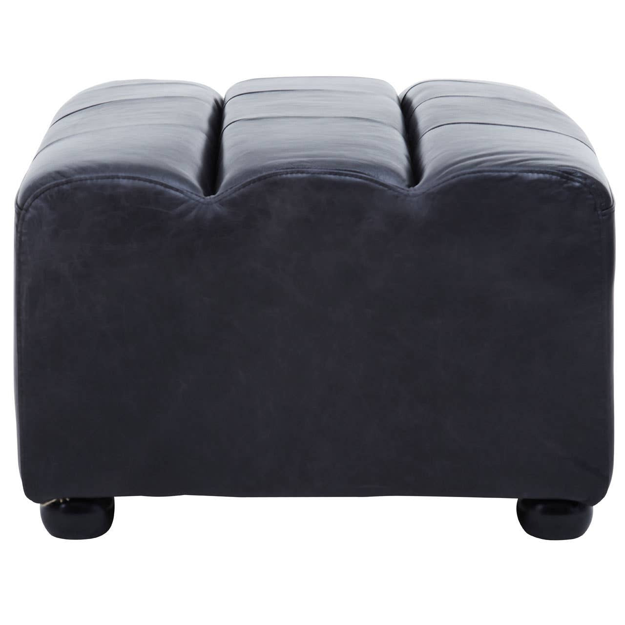 Antique black leather modular ottoman with a smooth surface and three horizontal seams, featuring rounded edges and small wheels for mobility