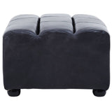 Antique black leather modular ottoman with a smooth surface and three horizontal seams, featuring rounded edges and small wheels for mobility