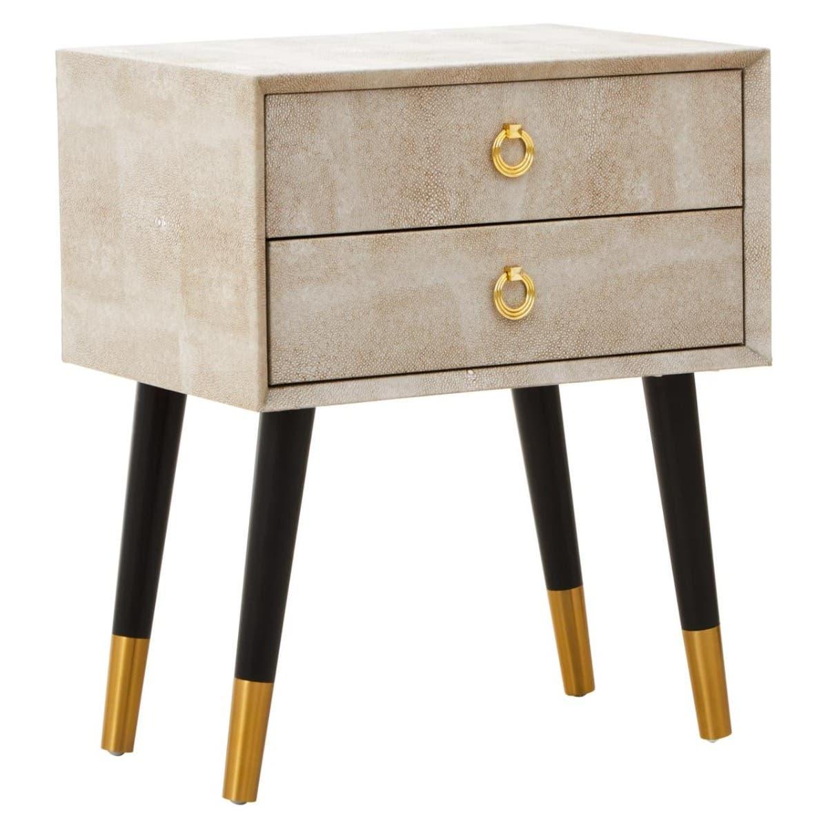 Two drawer bedside table with gold handles and black legs with gold tips