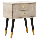 Two drawer bedside table with gold handles and black legs with gold tips