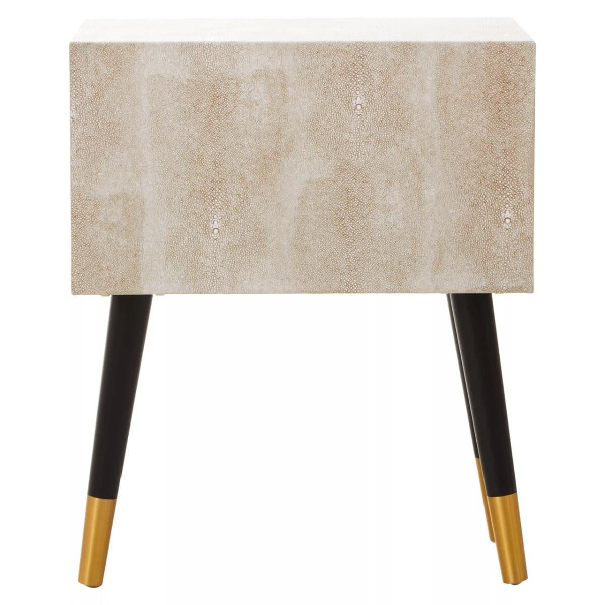 Beige textured bedside table with black and gold legs, modern furniture front view