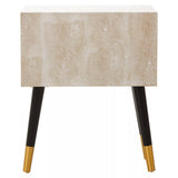 Beige textured bedside table with black and gold legs, modern furniture front view