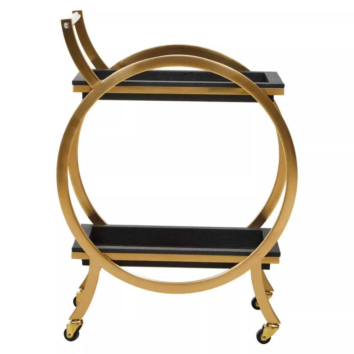 Gold round bar cart with two black shelves and caster wheels, front view