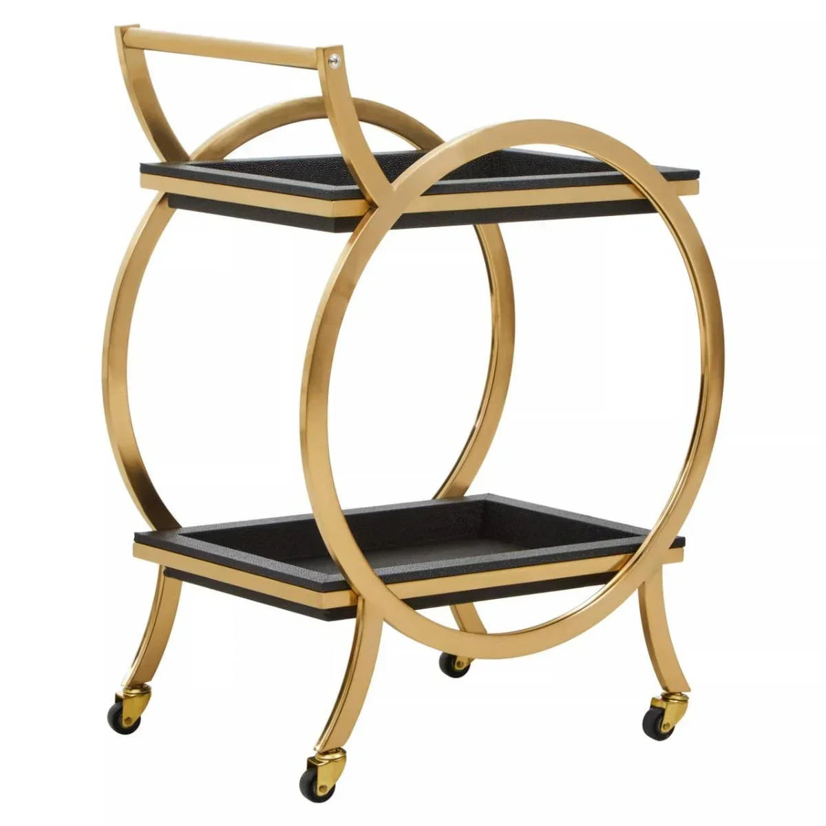 Gold metal bar cart with black trays and circular frame on four caster wheels