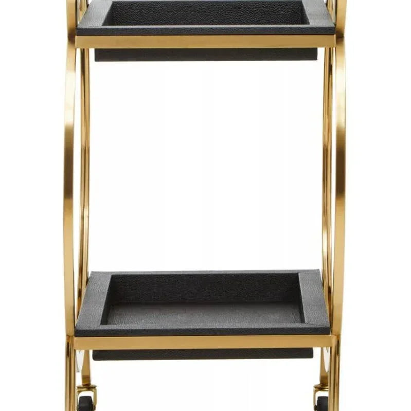 Gold metal drinks trolley with two black shelves and castor wheels, front view
