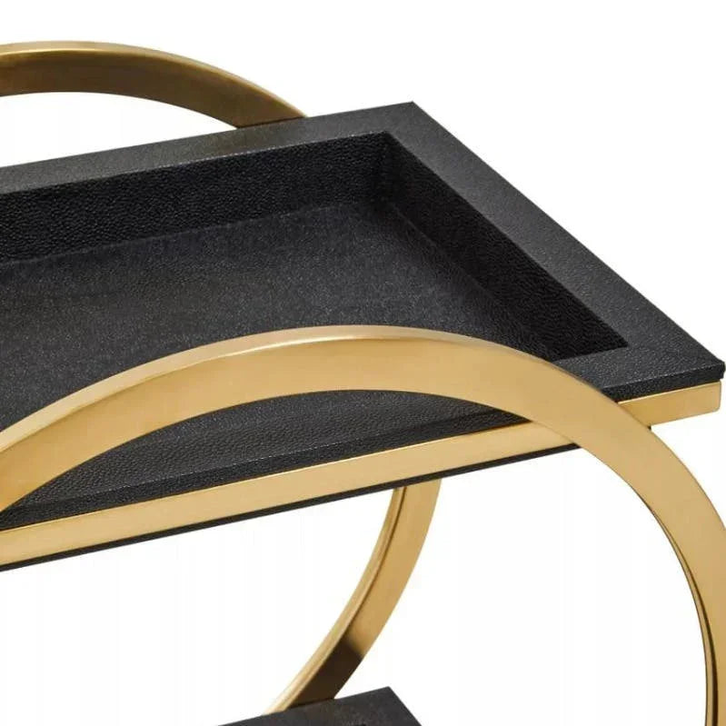Black side table with gold circular metal frame and raised tray top
