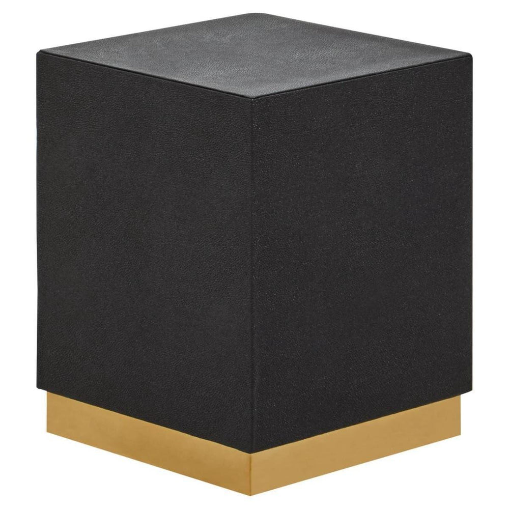 Black side table with gold base and textured finish, cube shape, isolated on white