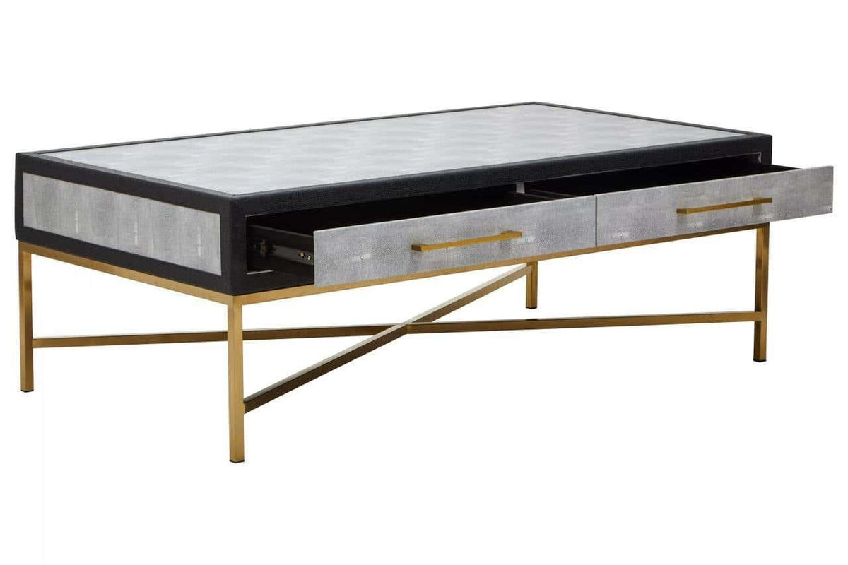 Modern coffee table with gold metal frame, two open drawers, grey and black finish