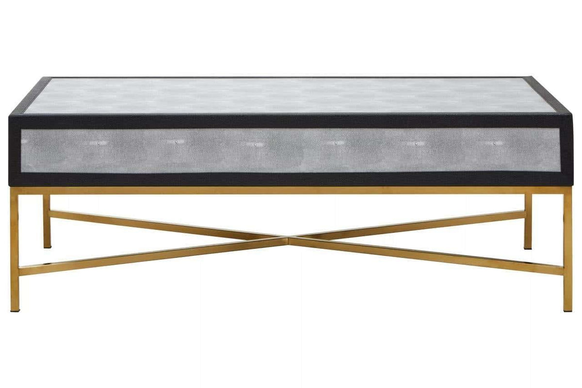 Rectangular coffee table with gold metal legs and textured grey top